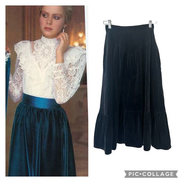 Vintage Gunne Sax Blue Velvet Boho Cottage Core Peasant Hippie Maxi Skirt XS - Picture 2 of 12